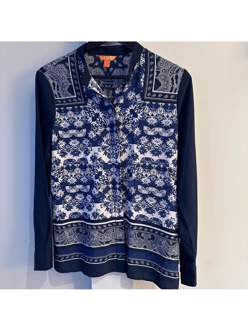 NAVY & WHITE Asian Printed  Blouse  w/Mandarin Collar, small